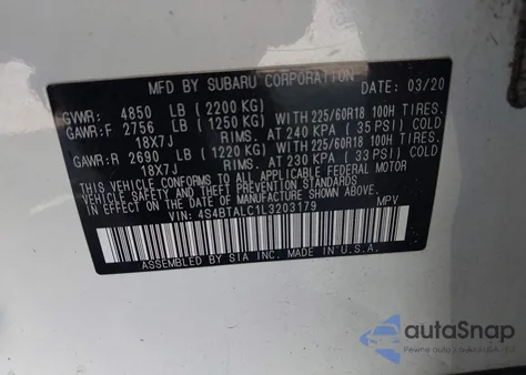 2020 Subaru Outback Limited z USA, uszkodzony, nr VIN 4S4BTALC1L3203179